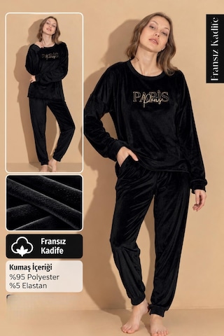 Boyraz Kadın Kışlık Fransız Kadife Bisiklet Yaka Uzun Kol Pijama Takımı 03096- 1 Adet Siyah