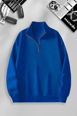 Macklin Unisex Kadın Erkek Baskısız Yarım Fermuarlı Dik Yaka Basic Sweatshirt Mavi Mck0602 Mavi