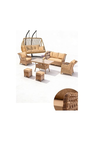 Dora Garden Home Ecem 7 Kişilik Rattan Bahçe Mobilyası Ve 2 Kişilik Rattan Salıncak Seti Kahverengi Siyah Çizgili
