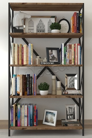 Morpanya Aural Dekoratif 5 Raf Kitaplık Metal Kitaplık Dosya Kitap Raf Ofis Salon Raf 90x180cm Ceviz