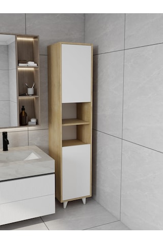 Riva Çamaşır Sepetli Banyo Dolabı Lefkaş Meşe Renk Meşe - Beyaz