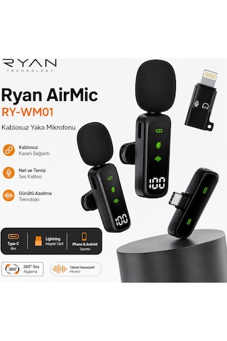 Kablosuz Yaka Mikrofonu Type-c + Lightning Uyumlu İphone & Android Tak Çalıştır Gürültü Azaltma Airmic Ry-wm01