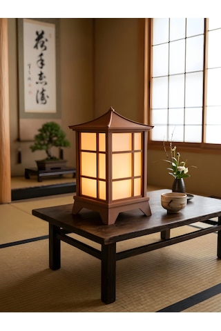 Modern Japon Feneri Masa Lambası - Bambu Led (MH001) - Dekoratif Abajur - Salon Yatak Odası - 3d Tasarım Kahverengi - Beyaz