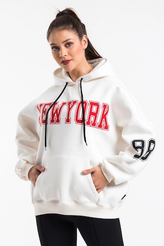 Caya Kadın Ekru Renk Baskı Detaylı Oversize Sweatshirt Cy84191 Beyaz Beyaz