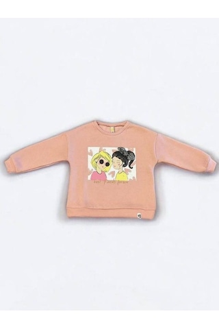 Kız Çocuk Kalın Kız Baskılı İçi Şardonlu Sweatshirt-14345 Pudra
