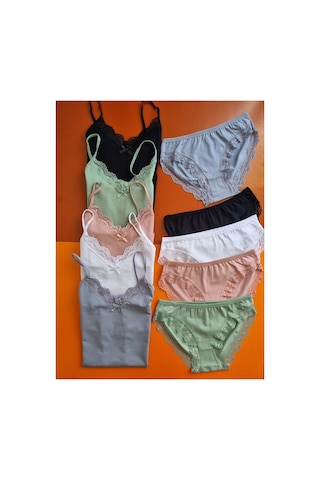 Demirsa Boutique Dantelli İp Askılı 5'li Pudra, Yeşil, Mavi, Siyah Ve Beyaz Renk Kadın Atlet Külot Takım Çok Renkli