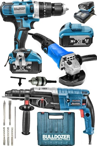 Bulldozer 36V 5Ah Çift Akülü Matkap + 3000 W Kırıcı Delici + 1600 W Devirli Avuç Taşlama