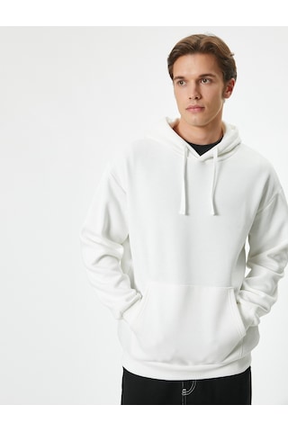 Koton Oversize Sweatshirt Kapşonlu Uzun Kollu Kanguru Cep Detaylı Şardonlu Beyaz 5wam70017mk Beyaz