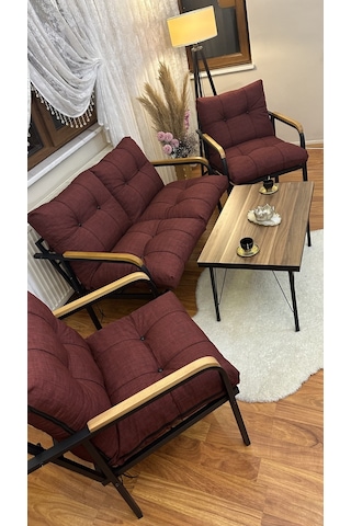 Modern Erciyes Balkon, Bahçe, Cafe - Metal Kanepe Koltuk Takımı - 2+1+1 + Sehpa Bordo Modernbs1 Bordo