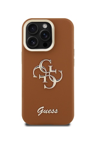 Apple iPhone 15 Pro Max Uyumlu Kılıf Guess Lisanslı Grained Yazı Logolu Kamera Standlı Kapak Kahverengi