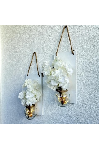 Led Işıklı, Beyaz Bahardalı Çiçekli Duvar Dekoru Beyaz İkili Set Beyaz