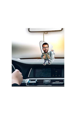 Kişiye Özel Bay Balıkçı Karikatürlü Ahşap Araba Dikiz Ayna Süsü