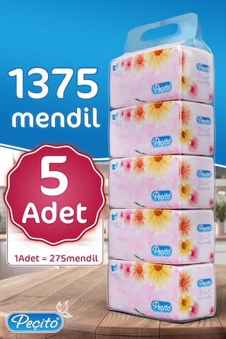 Peçito Premium Çift Katlı Pratik Mendil Toplam 5 x 275'li