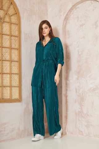 Kadın Pliseli Beli Lastikli Pantolon Tunik Gömlek Ikili Bürümcük Salaş Takım 3573300 Zümrüt