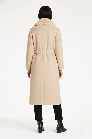 Kadın Kahverengi Bukle Kumaş Uzun Kaban Büyük Yakalı Kışlık Palto Teddy Kaban Taş