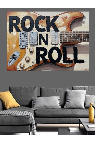 Rock And Roll Yazılı Elektrogitar İllüstrasyonu Dekoratif Kanvas - Mdf Ahşap Tablo