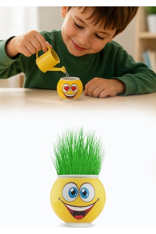 Emoji Figürlü Çim Adam Oyuncak Toprak Tohumlu Dekoratif Saksı Çocuk Eğitici Bitki 6 cm