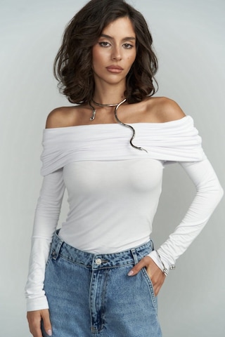 Mai Collection Mai Studios Co. Alonzo Carmen Yaka Uzun Kollu Beyaz Bluz Beyaz