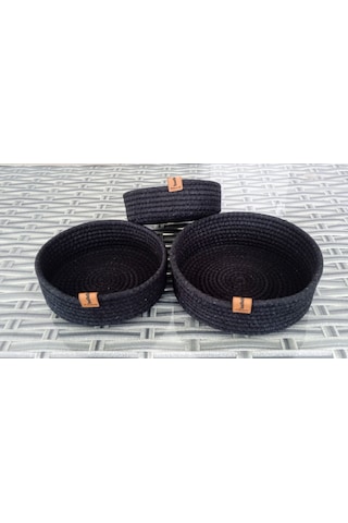 Ev Banyo Hasır Sepet 3 Adet Yuvarlak Siyah Jüt Kordon Pamuk Polyester İp Örme Sepet Dekoratif Düzenleyici Organizer