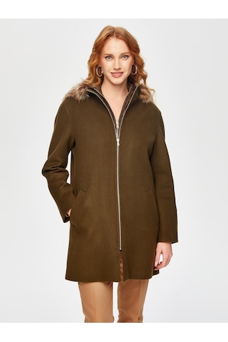 Kapitone Detaylı Kürk Kapüşonlu Yünlü Kaban 69003 U6900354 Haki