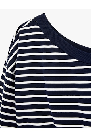 Koton Rahat Kalıp Uzun Kollu Kayık Yaka Omzu Açık Çizgili Sweatshirt Lacivert Çizgili 6sal10522ık Lacivert Çizgili