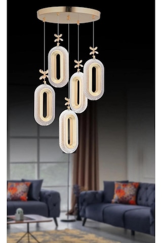 5'li Gold Kaplama Sarkıt Led Salon Avize 3 Renk Ledli Gold