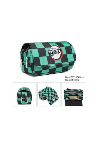 Mufunye Lise Öğrencileri İçin Animasyon Desenli Çift Katlı Kalem Çantası -鬼灭之刃 Stili 1 Yeşil