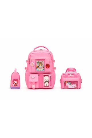 Quovo Kawaii Kore Tarzı Full Aksesuarlı Yerli Günlük Okul Çantası Kız Erkek Beslenme Kalemlik Çanta Seti Pembe