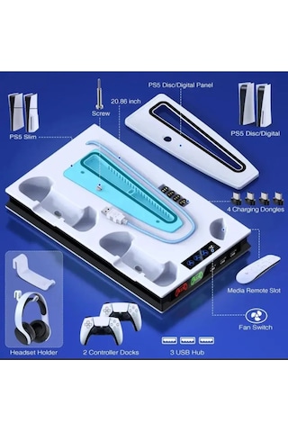 Ps5 Slim Pro Fonksiyonel Fanlı Şarj Standı Led Göstergeli Dijital Ve Cd Li Sürüm Uyumlu Yh60