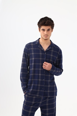 Erkek Pamuklu Mavi Ekose Desenli Uzun Kollu Cep Detaylı Gömlek Yaka Pijama Takımı Ko60113 Mavi