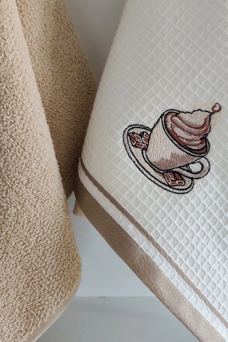 2 Li Mutfak Havlusu Bej Renk Kapuçino Fincanı Nakışlı Bej