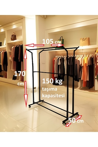 Premium 170 Cm Çelik Konfeksiyon 105 Cm En Elbise Askılık Tekerlekli Demonte Portmanto Hanger Siyah