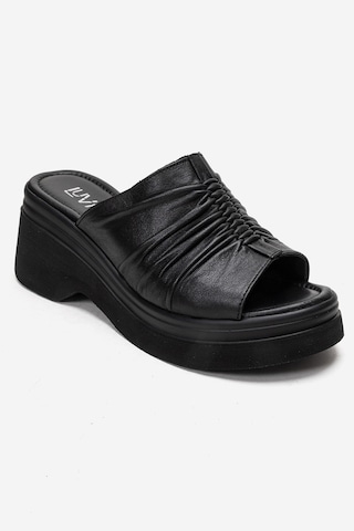 Luvishoes Nellıe Siyah Hakiki Deri Kadın Dolgu Tabanlı Terlik