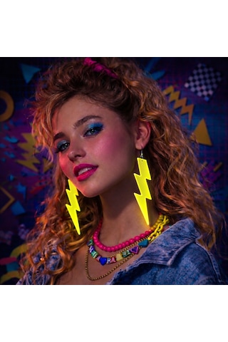 80 Ler 90&apos Lar Retro Neon Sarı Şimşek Küpe 10 Cm Altın