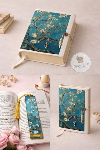 Kitap Kılıfı Ve Metal Kitap Ayracı Seti Van Gogh Badem Çiçekleri
