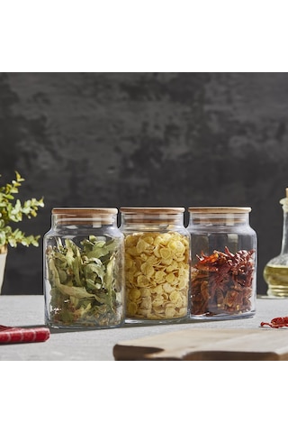 Selka Home 3'lü 890 Ml Sade Ahşap Kapaklı Cam Kavanoz