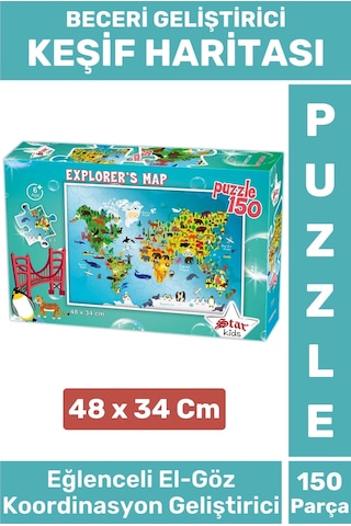 Premium Seri Eğlenceli El Göz Koordinasyon Beceri Geliştirici Çocuk 150 Parça Puzzle Keşif Haritası