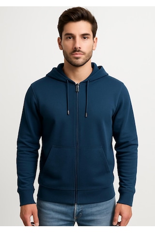 Axxel Erkek İndigo 2 İplik Fermuarlı Kapüşonlu Sweatshirt-w1084 Indigo