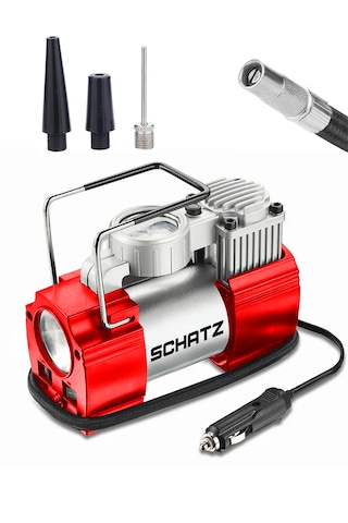 Schatz 12v 150 Psi Işıklı Bakır Sargılı Çakmaklık Girişli Mini Hava Kompresörü 35l Kırmızı