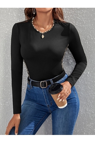 Kadın Uzun Kollu Leopar Şeritli Viskon Bluz Siyah