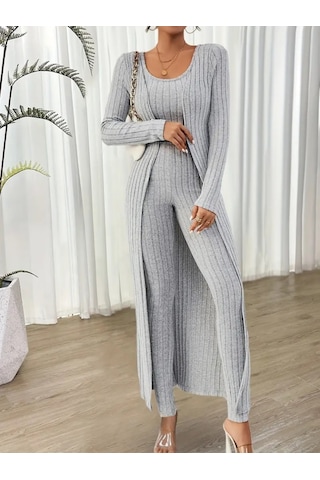 Kadın Yuvarlak Yaka Askılı Krop Bluz Yüksek Bel Tayt Ve Uzun Hırka Şardonlu Kaşkorse Üçlü Takım Gri