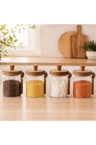 Akasya Kapaklı Kaşıklı Cam Kavanoz 450 Ml 4'lü Set, Şeffaf Cam Saklama Kavanozu, Ahşap Kapaklı Kaşıklı Mutfak Düzenleyici, Baharat Kahve Şeker Bakliyat Kuruyemiş Kavanozu Çok Renkli