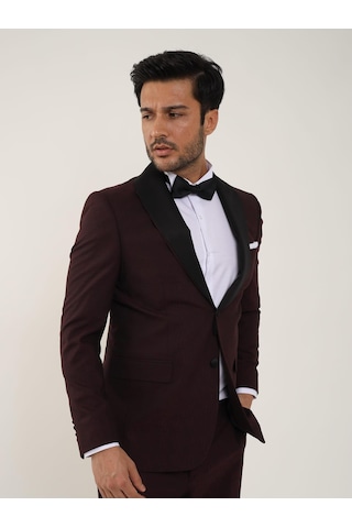 Dufy Bordo Erkek Slim Fit Düz Sivri Yaka Smokin Takım - 84171-Bordo