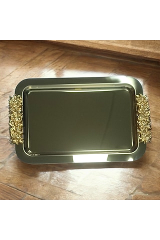 Diperla Kahve Çay Sunum Dikdörtgen Büyük Sunum Tepsisi Gold 30cm