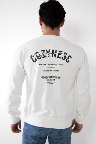 Cozyness Kapüşonsuz Baskılı Erkek Sweatshirt Beyaz