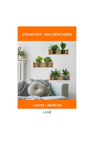 Raflı Bitki Tasarımlı Yapışkanlı Sticker 20x30 Cm 3 Adet Çok Renkli