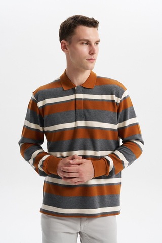 Ar-ma Erkek Ribanalı Büyük Beden Battal Boy Çizgili %100 Pamuk Ringel Ottoman Kumaş Polo Yaka Düğmeli Sweatshirt K30554801702 Kahverengi-k3 Kahverengi