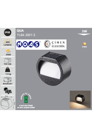 Noas Yl84 3001 S 5w Qua Solar Aplik Günışığı Siyah
