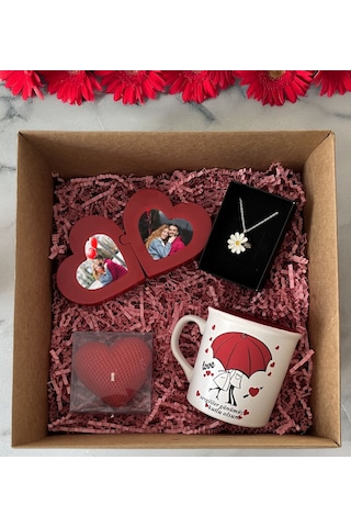 Bk Gift Kişiye Özel Kalp Puzzle Çerçeve & Sevgililer Günü Tasarımlı Kupa & Kalp Mum & Papatya Kolye Hediye Kutulu Set, Sevgiliye Hediye, Yıl Dönümü He