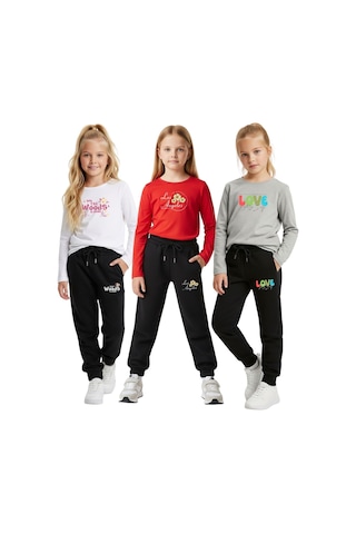 3'lü Yuvarlak Yaka Baskılı Kız Çocuk Alt-üst Takım Çok Renkli